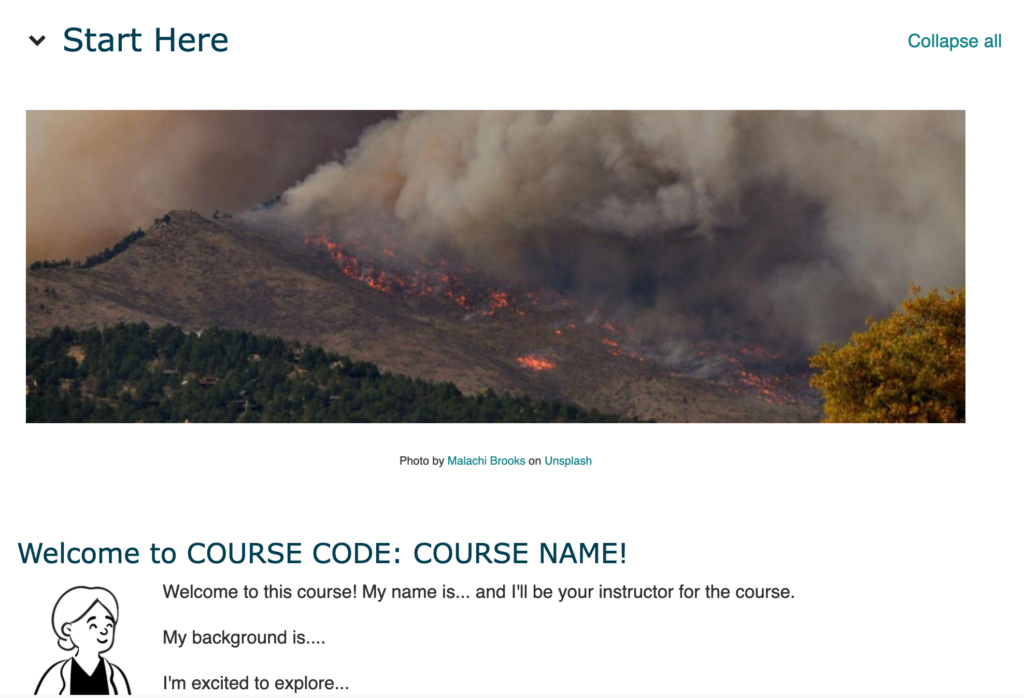 A screenshot of a Moodle course that has a "start here" heading which contains a related image and an introduction message